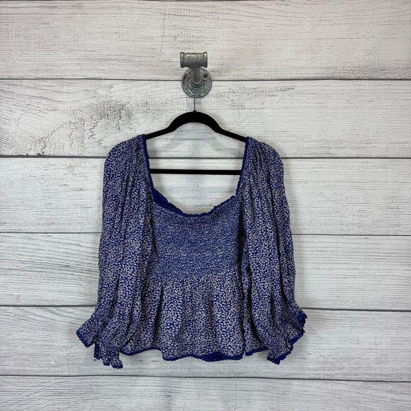 Free People Women's Blue Brittnee Print Smocked Back Peplum Top Size XL - Picture 7 of 8